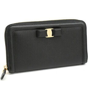 Salvatore Ferragamo VARA BOW Round Zip Long Wallet Black Leather